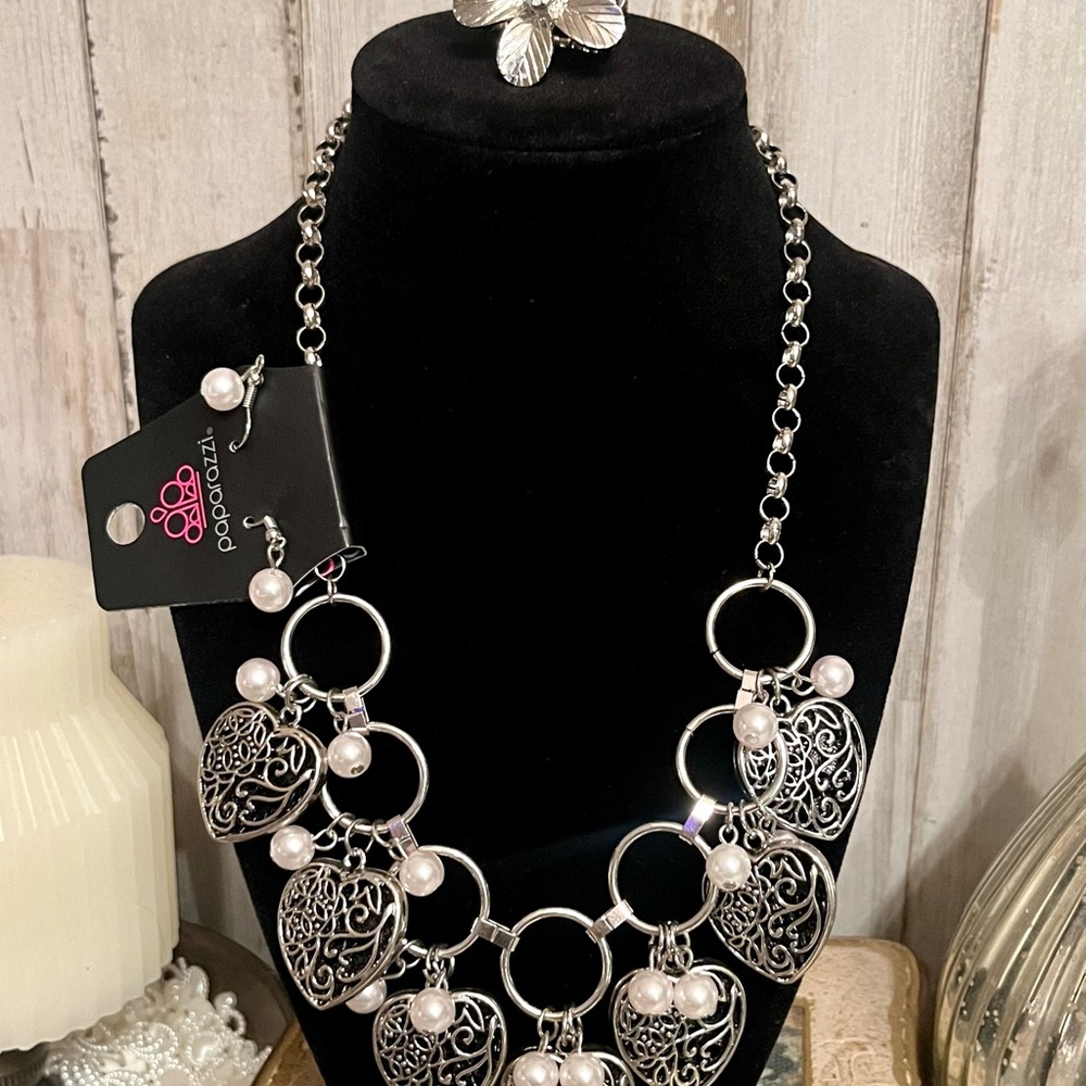 Paparazzi Silver and White Statement Necklace